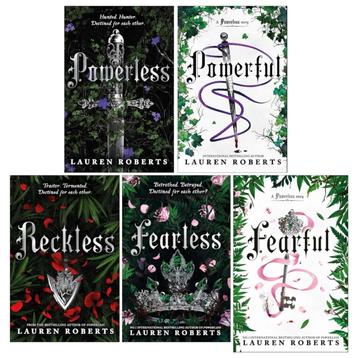 Book cover: The Powerless Trilogy By Lauren Roberts 5 Books Collection Set (Fearful, Fearless, Powerless, Powerful & Reckless)